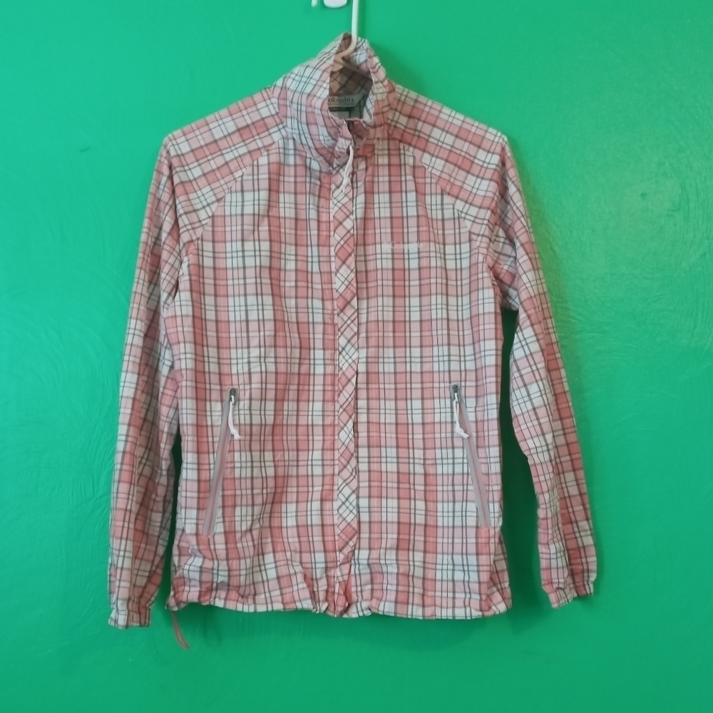 Columbia Women's Omni-Shield Windbreaker Jacket Full Zip Pink Gray Plaid